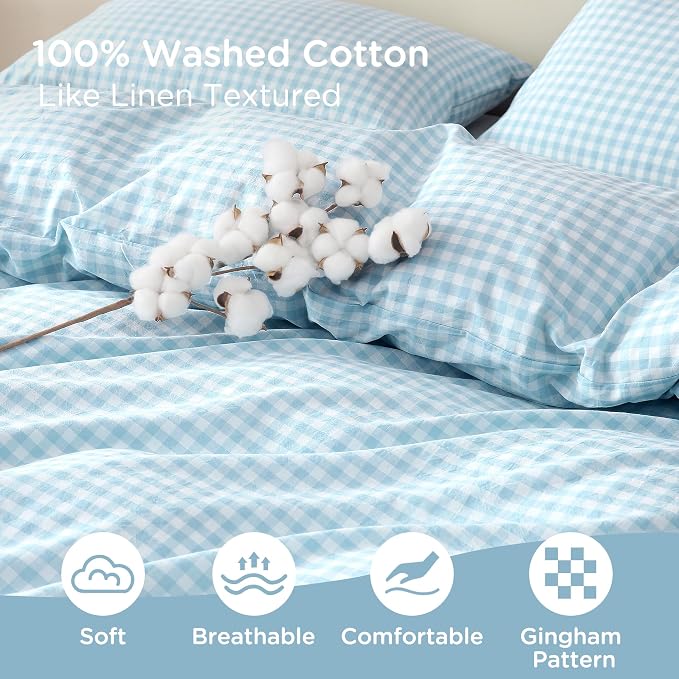 TOCOMOA Light Blue Gingham Duvet Cover Bedding Set 100% Washed Cotton Like - Image 5