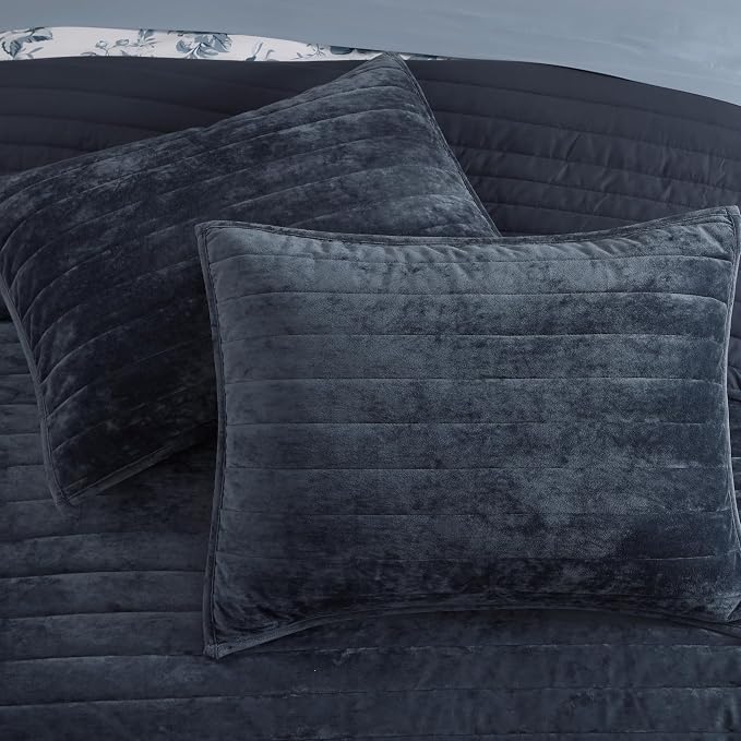 WRENSONGE Velvet King Size Quilt Set-3 Pieces Blue Grey Luxurious Velvet - Image 8