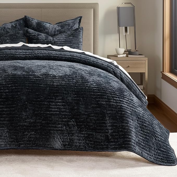 EVERGRACE Velvet Quilt Set King Size, Luxurious Soft Striped Channel Bedding Set - Image 8