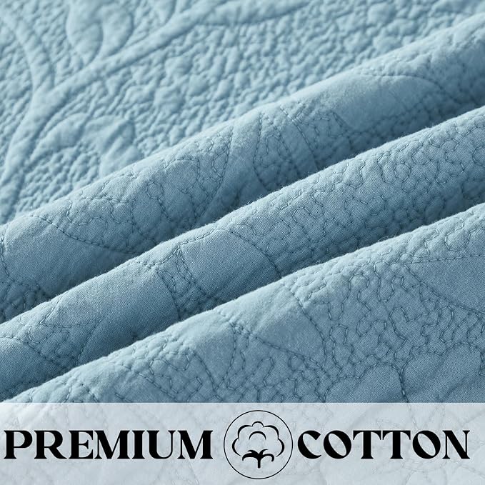Brandream Luxury 100% Cotton Quilt Set Queen Size Blue Floral Vine Matelasse - Image 5
