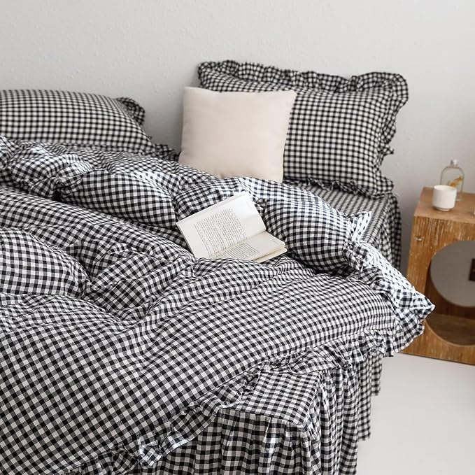 MKXI Black and White Gingham Duvet Cover Queen, 3-Piece Ruffled Bedding Set - Image 3
