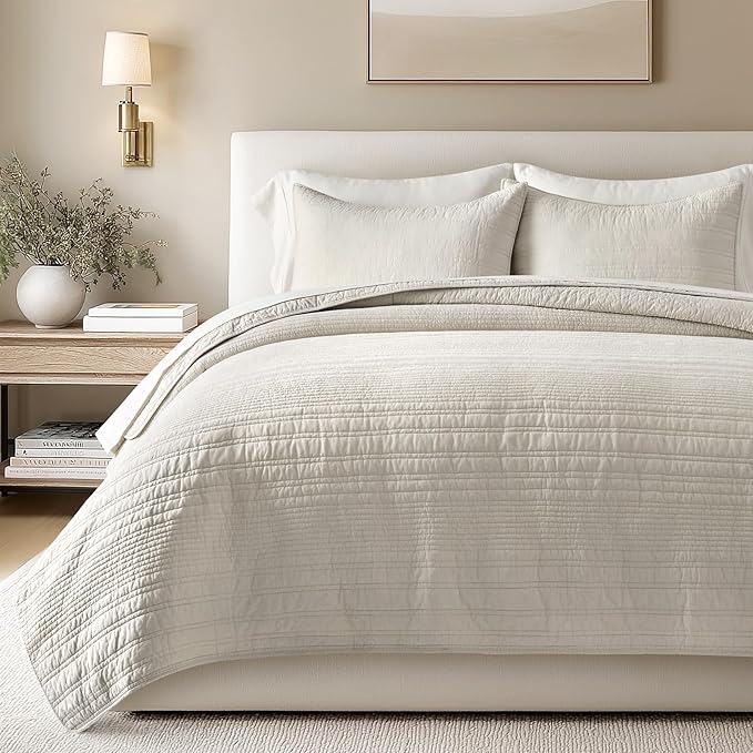 EVERGRACEHOME 100% Cotton Modern Lines Quilt Set King Size, Pre-Washed Soft by EVERGRACEHOME