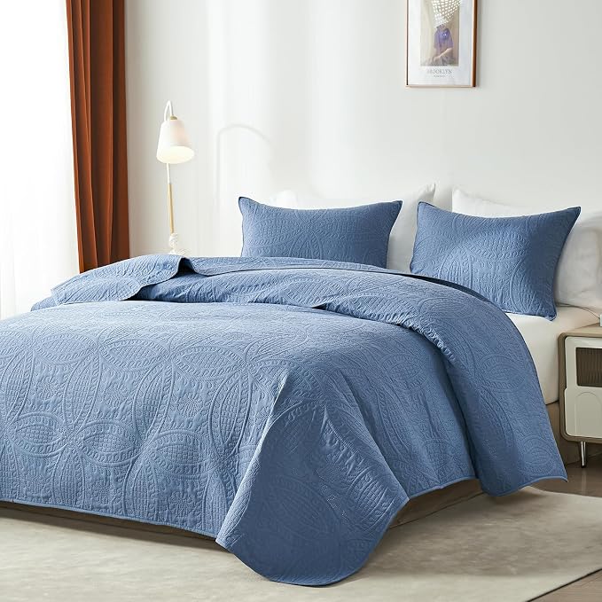 Akkialla King Quilt Bedding Set, Bluish Grey Ultrasonic Quilt Set, Lightweight - Image 2
