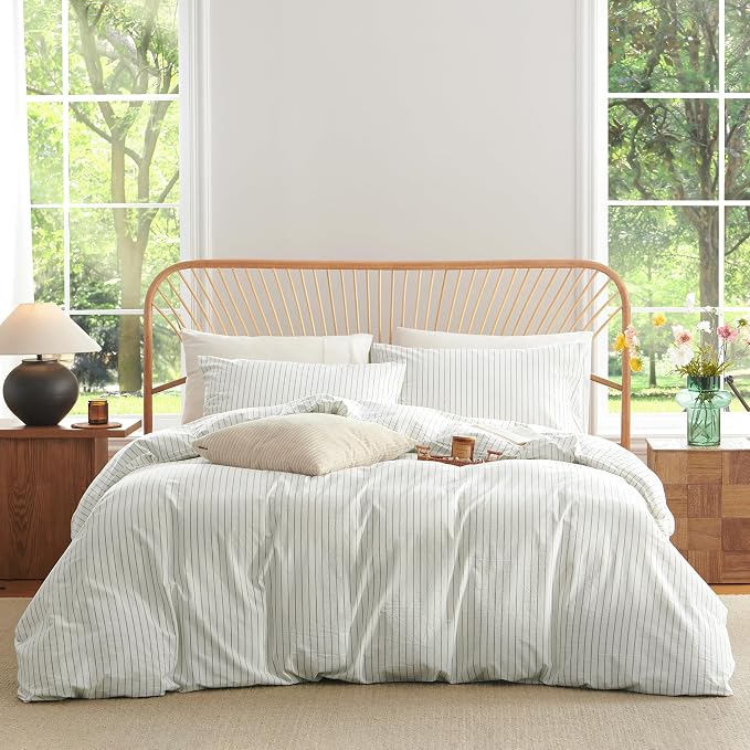 Nayoroom Striped Duvet Cover Queen Size 100% Washed Cotton White Green Stripe - Image 5