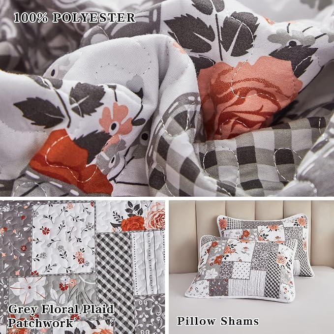 Patchwork Quilt Set Full/Queen Size, 3 Pieces Grey Floral Plaid Summer - Image 6