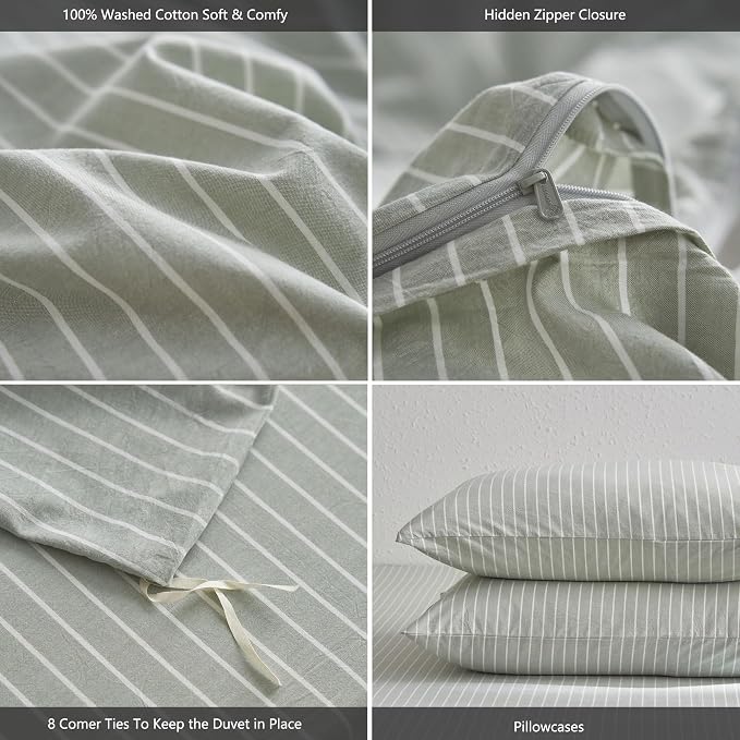 MooMee Striped Duvet Cover Set 100% Washed Cotton Linen Like Textured - Image 6