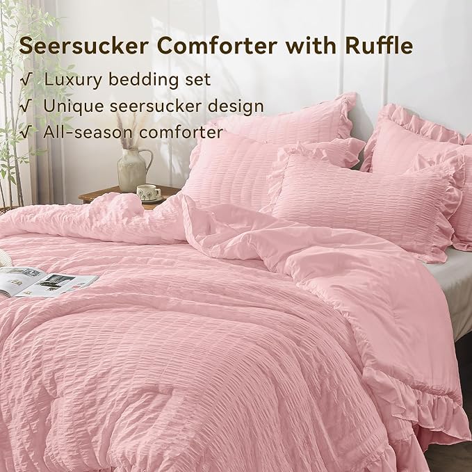 JOLLYVOGUE Pink Twin Size Comforter Set, 2 Pieces Seersucker Lightweight Fluffy - Image 3