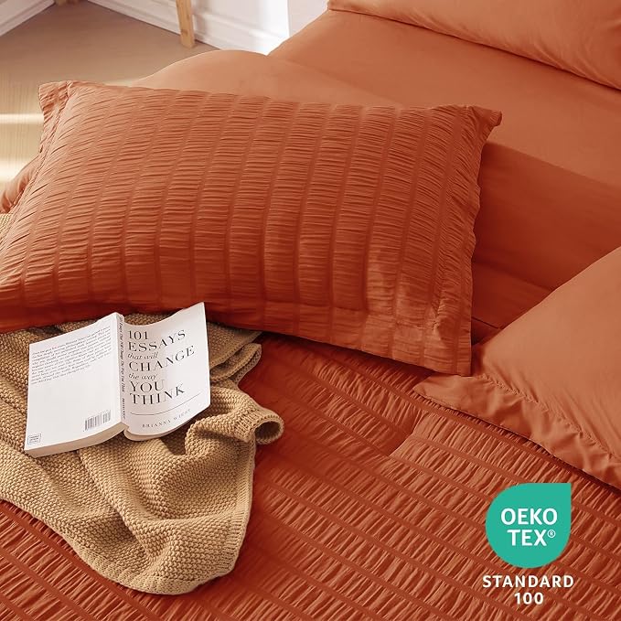 MUXHOMO 7 Pieces King Comforter Set, Seersucker Bed in a Bag King Size - Image 9