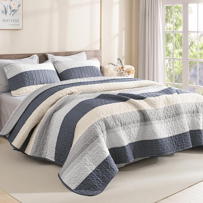 Litanika Quilt Queen Size Blue and Yellow, Stripe Patchwork Summer Bedspread by Litanika
