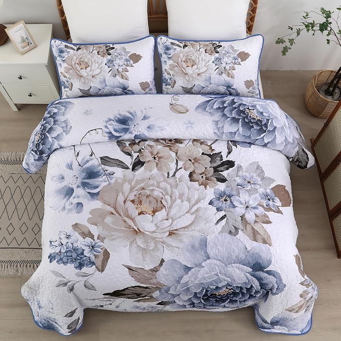 WONGS BEDDING Floral Quilt Set 3 Pieces Blue Quilted Printed Bedspreads Bedding - Image 2
