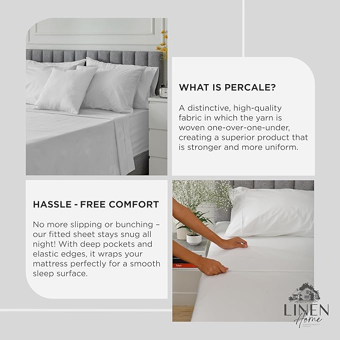 Linen Home 100% Cotton Percale Weave Fitted Sheet, Full Size, Dove Grey - Image 4