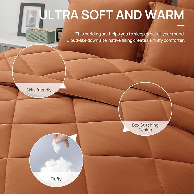Love's cabin Twin Comforter Set Terracotta, 5 Pieces Twin Bed in a Bag - Image 5