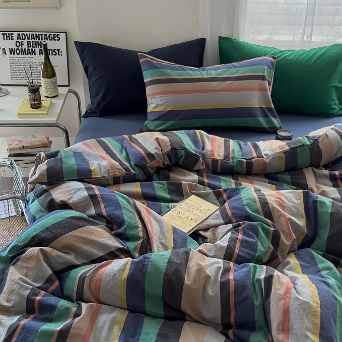 mixinni Blue Striped Duvet Cover Twin XL 100% Washed Cotton 3 Pcs Vintage - Image 2