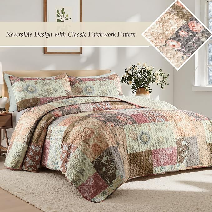 Whale Flotilla Patchwork Quilts Queen Size, Soft Boho Floral Bedspreads - Image 2