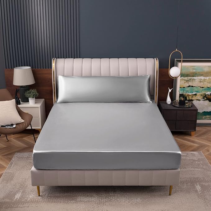 Homiest Light Grey Satin Fitted Sheet Queen Size, Deep Pocket, Luxury & Ultra - Image 7