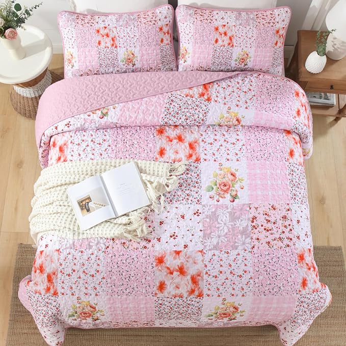 Mybedsoul Patchwork Quilts Queen Size, Soft Pink Boho Floral Queen Bedspreads - Image 5