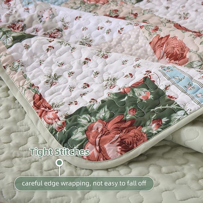 Anibedding Green Patchwork Quilt Set King Size, Bohemian Red Flower Green Plaid - Image 5