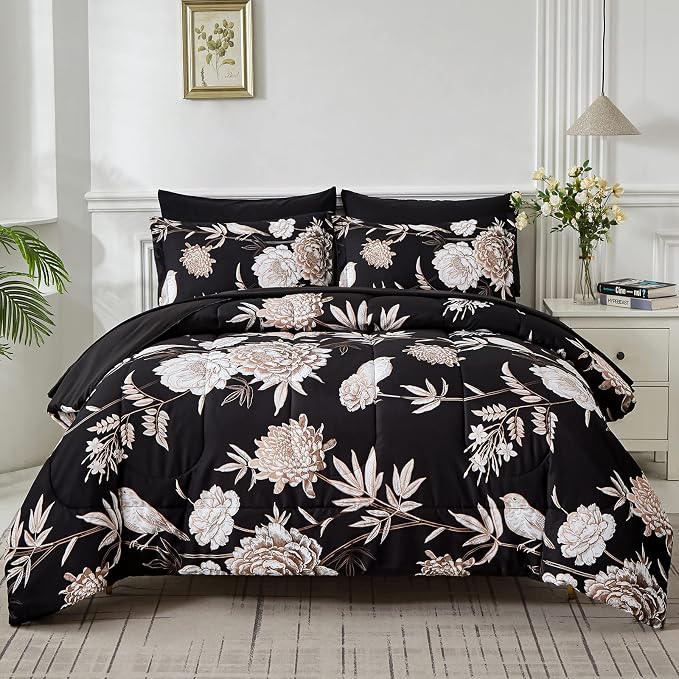 Yogeneg 7 Piece Bed in a Bag Kingsize Comforter Set Botanical Floral Bedding Set by YOGENEG