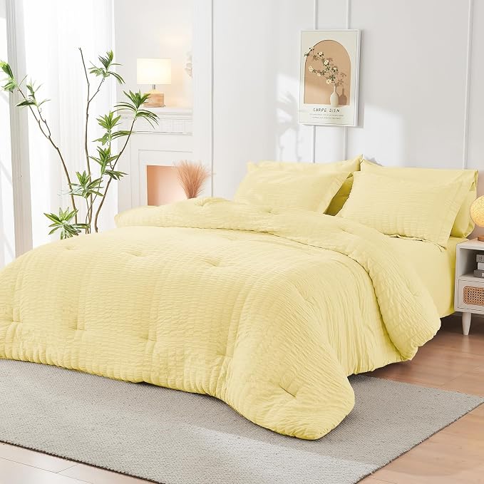 HYMOKEGE Yellow King Size Comforter Set Seersucker 7 Pieces, All Season Luxury - Image 8