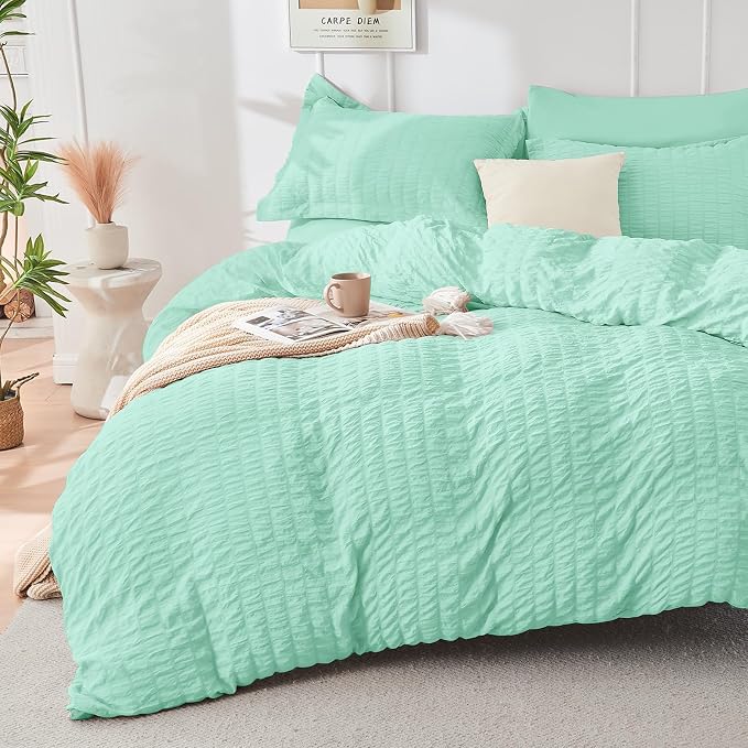 HYMOKEGE Mint Green California King Comforter Set Seersucker 7 Pieces, All - Image 2