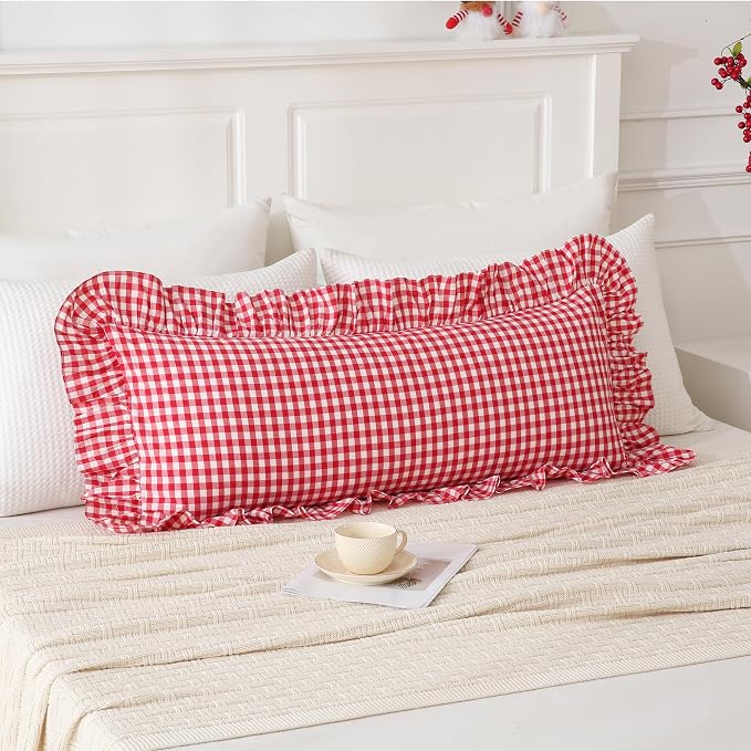 14x36 inches Red/White Plaid Ruffle Lumbar Gingham Pillow Sham 1 Piece by Qilunn