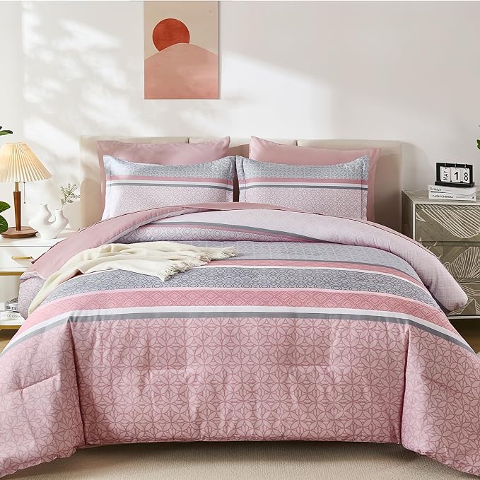 WONGS BEDDING Pink King Comforter Set 7 Pieces, Boho Striped Bed in a Bag Queen - Image 8
