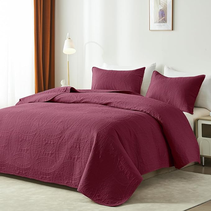 akkialla Burgundy Full/Queen Quilt Set, Ultrasonic Lightweight Bedspread - Image 2