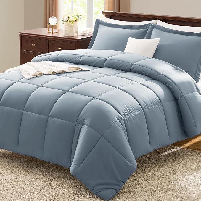 CozyLux Oversized Queen Comforter Set, 3 Pieces Grayish Blue 98x98 Box Stitched by CozyLux