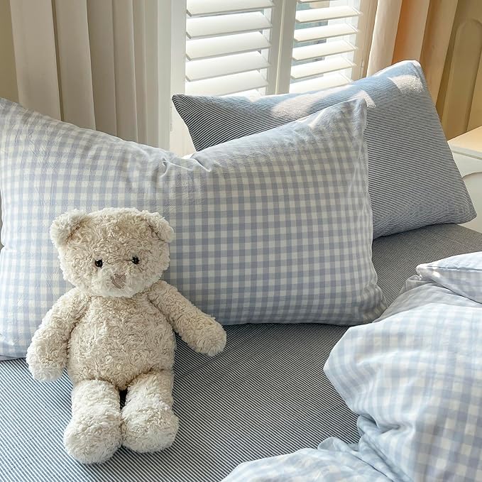 mixinni Light Blue Gingham Duvet Cover Set King Size - Image 8