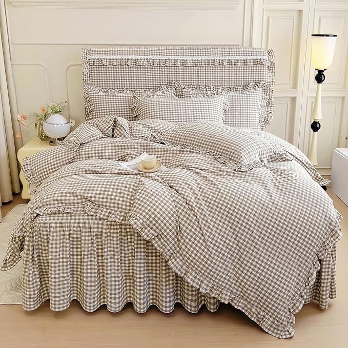 mixinni Tan Gingham Ruffle Duvet Cover Queen Size 3 Pieces – 100% Washed Cotton by mixinni