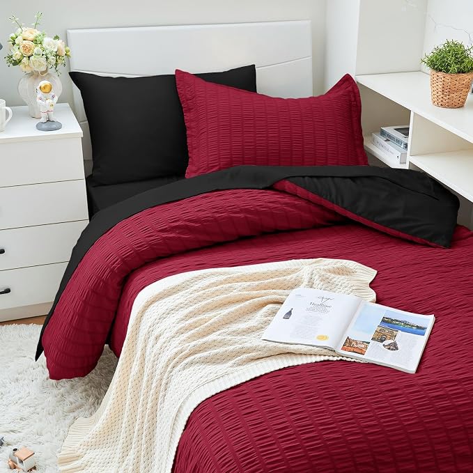 HYMOKEGE Red & Black Twin XL Comforter Set Seersucker 5 Pieces, All Season - Image 2