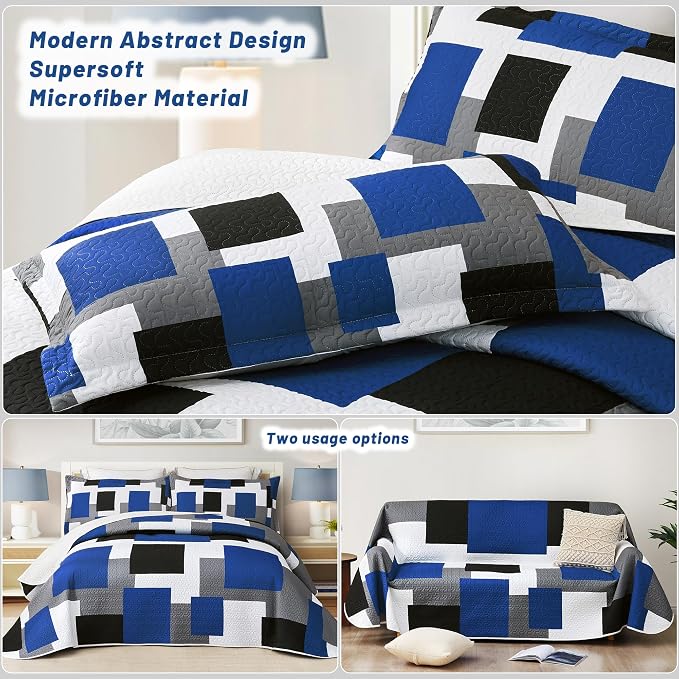 Tyrot 3 Piece Blue White Grey Quilt Set California King Size Black White - Image 3