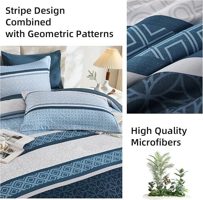 WONGS BEDDING Navy Blue Queen Comforter Set 7 Pieces, Boho Striped Bed in a Bag - Image 7