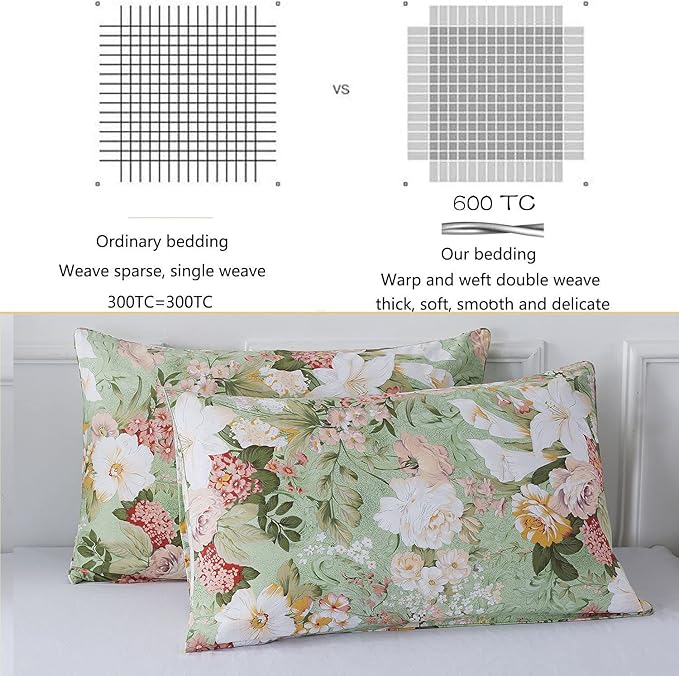 FADFAY Mint Green Floral Duvet Cover Set 100% Cotton Farmhouse Bedding Elegant - Image 3