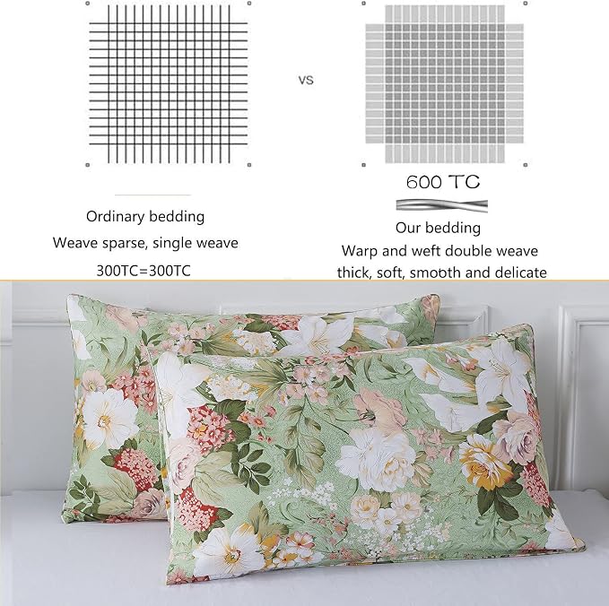 FADFAY Floral Duvet Cover Set Full 100% Cotton Girls Bedding 600 TC Mint Green - Image 3