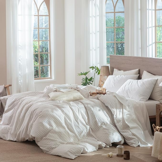 MooMee Striped Duvet Cover Set 100% Washed Cotton Linen Like Textured - Image 3