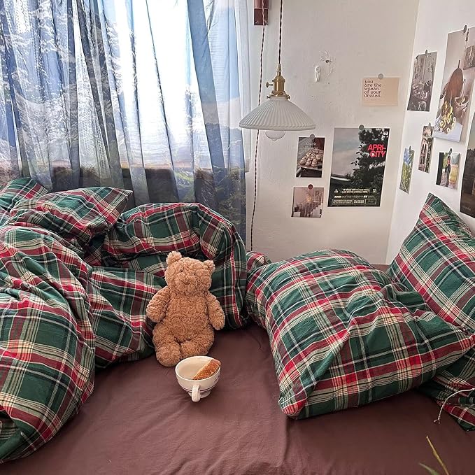 mixinni Vintage Green Buffalo Plaid Washed Cotton Duvet Cover King - Image 6