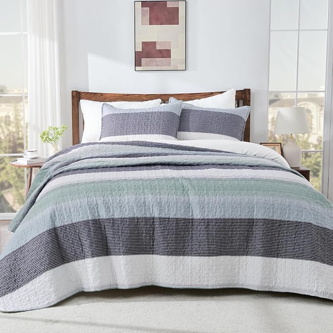 Andency Oversized King Quilt Bedding Set, 120x98Inch Sage Green Stripe - Image 8