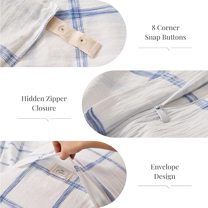 Blue Plaid Twin Duvet Cover, 100% Soft Washed Cotton Twin Size Duvet Cover Set - Image 5