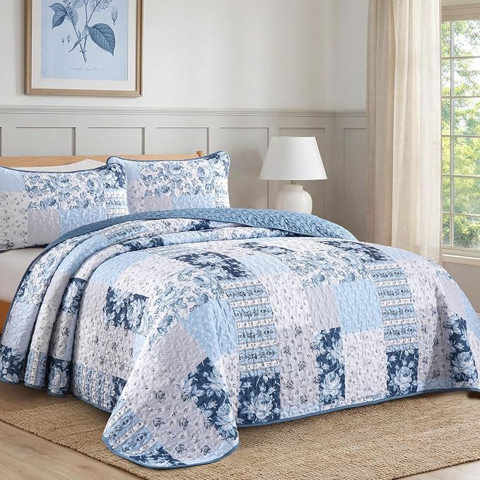 Anibedding Blue Patchwork Quilt Set King Size Boho Floral Plaid Bedspread - Image 2