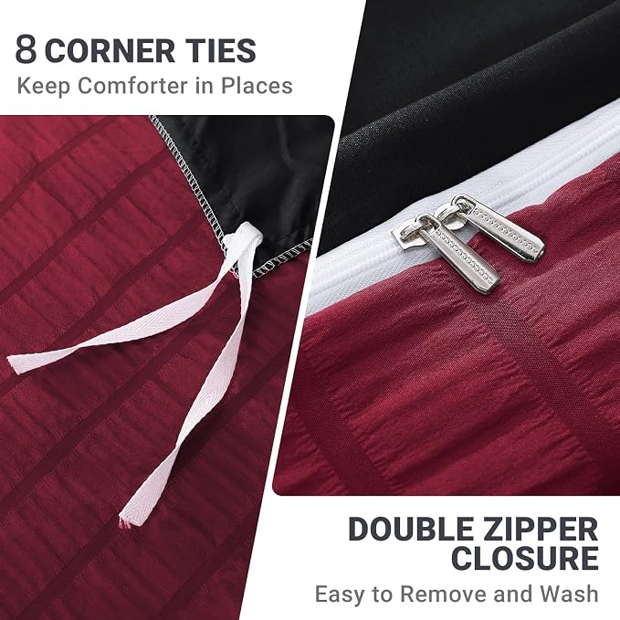 HYMOKEGE Dark Red/Black Duvet Cover King Size, Ultra Soft 3-Piece Seersucker - Image 5