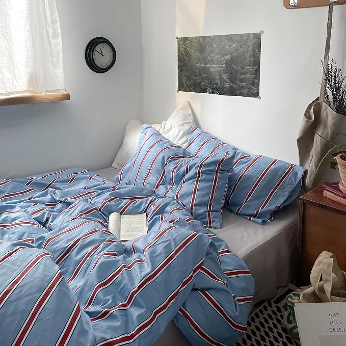 mixinni Vintage Striped Blue Duvet Cover Queen by mixinni