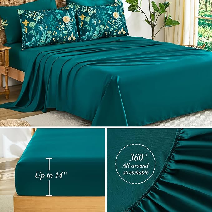 Yiran King Size Comforter Set 7 Piece, Teal Green Floral Bedding Set, - Image 5