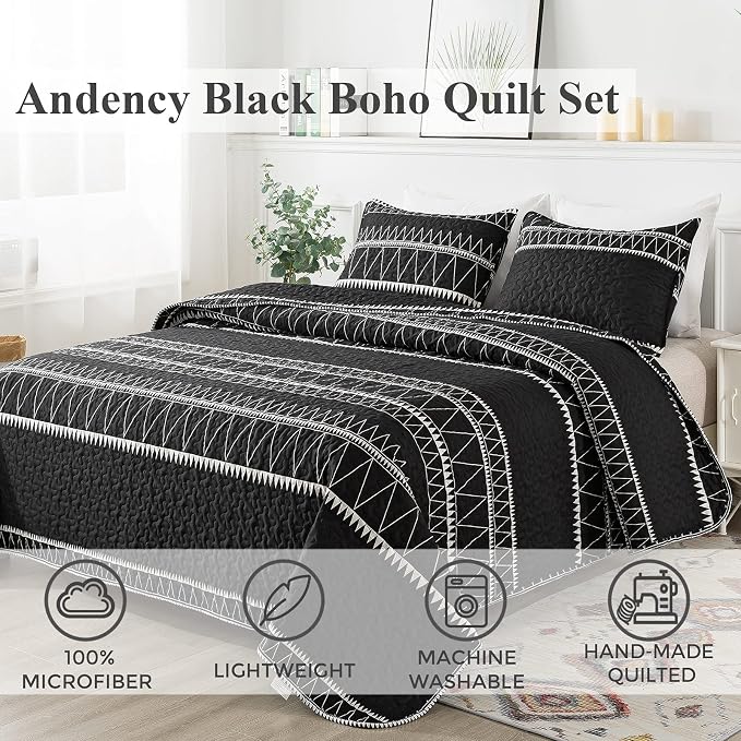 Andency Black Quilts Queen Size, 3 Pieces Queen Quilt Bedding Set Boho - Image 2