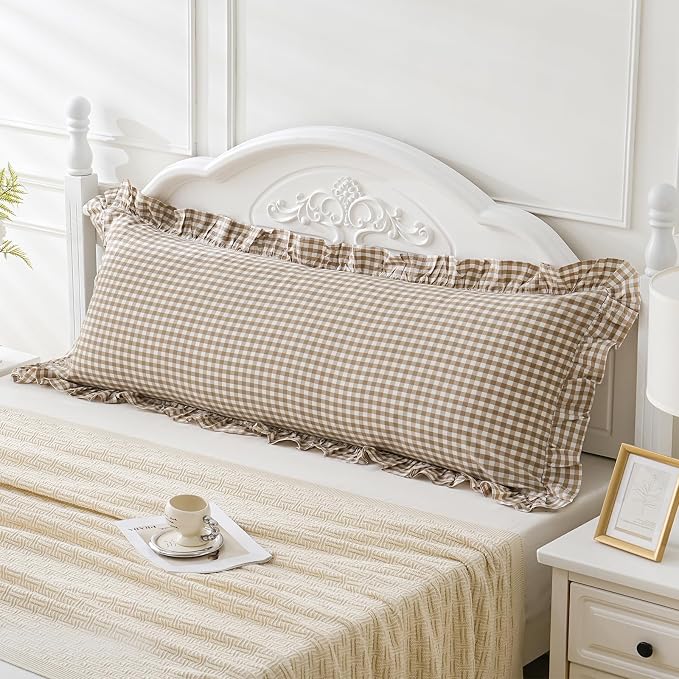Taupe/White Plaid Ruffled Body Pillow Cover Washed Cotton Farmhouse Checkered by Qilunn