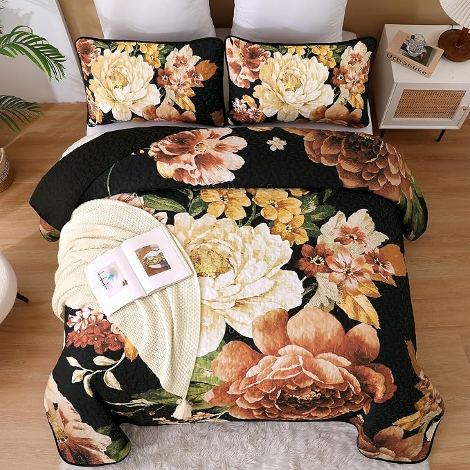 WONGS BEDDING Black Boho Floral Quilt Set King, 3 Pieces Elegant Gold Flower - Image 2