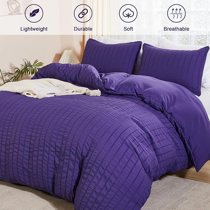 AveLom Dark Purple Duvet Cover Cal King, 3 Pieces, Seersucker Striped Soft - Image 2