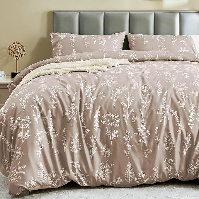 MUXHOMO Duvet Cover King Size, Reversible Floral Taupe Duvet Cover Set by MUXHOMO