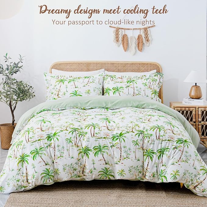 LONAVA Queen Tropical 3 Pcs Duvet Cover Set, Breathable Soft Microfiber Sage - Image 2