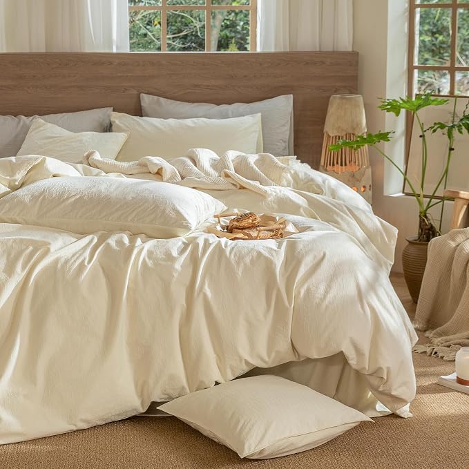 MooMee Wavy Striped Duvet Cover Set 100% Washed Cotton Linen Like Textured - Image 7